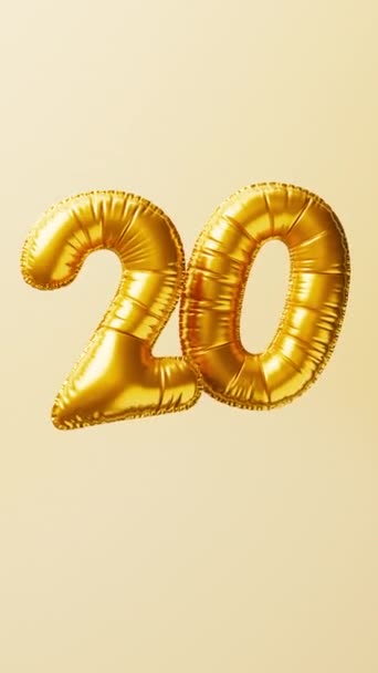 ゴールデンバルーンナンバー20が上昇し フロートアニメーション 周年記念コンセプト 3Dレンダリング — ストック動画