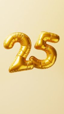 25 numaralı altın balonlar kalkıyor ve yüzüyor. Yıldönümü konsepti. 3d hazırlayıcı.