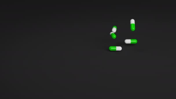 白色和绿色药丸缓缓地落在黑色背景上 药物概念 3D渲染动画 — 图库视频影像