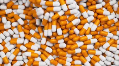 Beyaz ve turuncu haplar yavaş çekimde karışıp dönüyorlar. İlaçlar, haplar, haplar, ilaç konsepti. 3d canlandırma canlandırması.