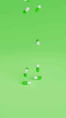 Beyaz ve yeşil haplar yavaş çekimde yeşil arka plana düşüyor. İlaçlar, haplar, haplar, ilaç konsepti. 3D canlandırma canlandırması. Dikey video.