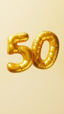 50 numaralı altın balonlar yükselip yüzen animasyonlar. Yıldönümü konsepti. 3d hazırlayıcı.