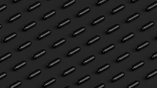 Viele Schwarze Kapseln Auf Schwarzem Hintergrund Tablettenraster Drogen Tabletten Pillen — Stockfoto