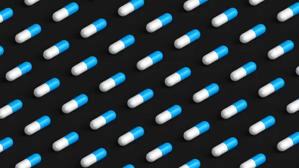 Viele Weiß Blaue Kapseln Auf Schwarzem Hintergrund Tablettenraster Drogen Tabletten — Stockfoto
