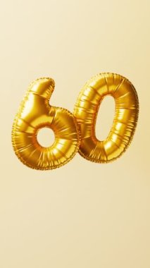 60 numaralı altın balonlar yükselin ve yüzün animasyonu. Yıldönümü konsepti. 3d hazırlayıcı.