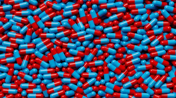 Many Blue and red pills fill screen area, tablet background. Medicine capsules backdrop. Pharmacology concept. 3d render illustration.