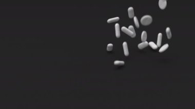Beyaz tabletler ağır çekimde siyah arka plana düşüyor. İlaçlar, haplar, haplar, ilaç konsepti. 3d canlandırma canlandırması.