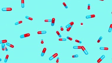 Mavi, kırmızı kapsüller yavaşça mavi arkaplana çarpıyor. İlaçlar, haplar, haplar, ilaç konsepti. 3d canlandırma döngüsü oluşturulabilir.