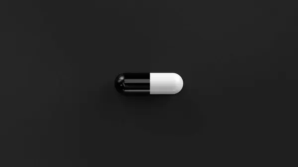 Weiße Schwarze Einzelpille Isoliert Auf Schwarzem Hintergrund Tablette Pille Kapsel — Stockfoto