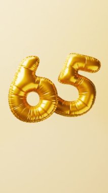 65 numaralı altın balonlar yükselin ve yüzün animasyonu. Yıldönümü konsepti. 3d hazırlayıcı.