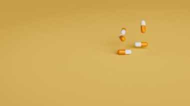 Beyaz ve turuncu haplar yavaş çekimde turuncu arka plana düşüyor. İlaçlar, haplar, haplar, ilaç konsepti. 3d canlandırma canlandırması.