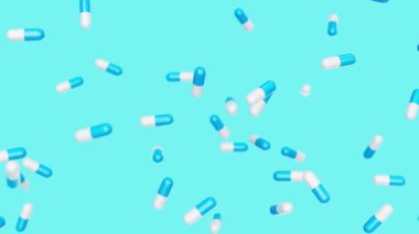 Beyaz mavi kapsüller yavaşça mavi arkaplana çarpar. İlaçlar, haplar, haplar, ilaç konsepti. 3d canlandırma döngüsü oluşturulabilir.