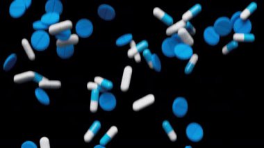 Beyaz ve mavi tabletler düşüyor ve ekranı dolduruyor. İlaçlar, haplar, haplar, ilaç konsepti. 3d canlandırma canlandırması.