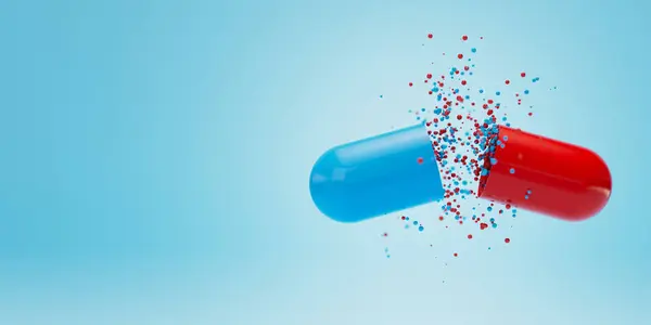 Close Open Red Blue Capsule Remedy Fly Out Isolated Blue — Stockfoto