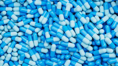 Arka planda mavi hapların üst görüntüsü. İlaçlar, haplar, haplar, ilaç konsepti. 3d resimleme.