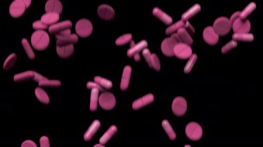 Magenta tablets fall and fill the screen . Drugs, pills, tablets, medicine concept. 3d render animation.