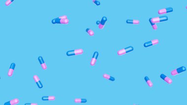 Blue violet capsules fall against blue backdrop. Drugs, pills, tablets, medicine concept. 3d render illustration.