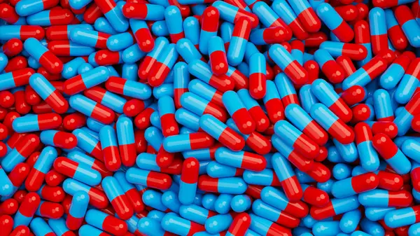 Top view on red blue pills mixed background. Drugs, pills, tablets, medicine concept. 3d render illustration.