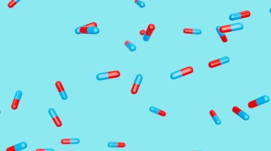 Mavi kırmızı kapsüller mavi arkaplana çarpıyor. İlaçlar, haplar, haplar, ilaç konsepti. 3d resimleme.