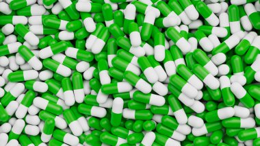 Arka planda yeşil beyaz hapların üst görüntüsü. İlaçlar, haplar, haplar, ilaç konsepti. 3d resimleme.