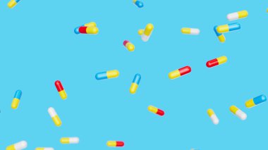 Coloful kapsülleri mavi arka plana düşerler. İlaçlar, haplar, haplar, ilaç konsepti. 3d resimleme.