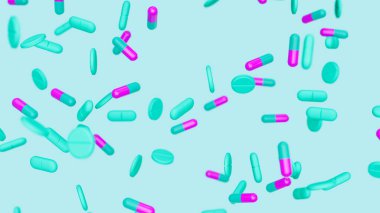 Mavi arka plana karşı mor kapsüller, haplar ve haplar. İlaçlar, haplar, haplar, ilaç konsepti. 3d resimleme.