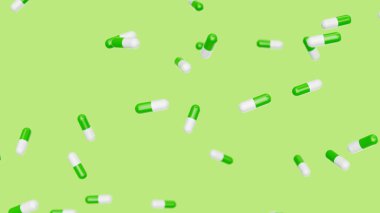 Yeşil beyaz kapsüller yeşil zemine çarpıyor. İlaçlar, haplar, haplar, ilaç konsepti. 3d resimleme.
