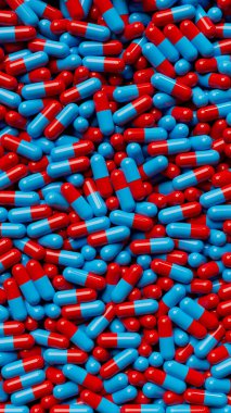 Birçok mavi ve kırmızı haplar ekran alanını dolduruyor, tablet arka plan. İlaç kapsülleri arka plan. Eczacılık konsepti. 3d resimleme.