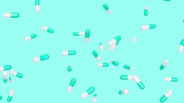 Turkuaz kapsüller yavaşça turkuaz arka plana düşüyorlar. İlaçlar, haplar, haplar, ilaç konsepti. 3d canlandırma döngüsü oluşturulabilir.