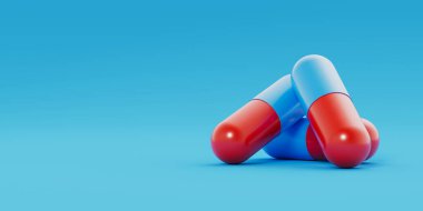 Üç mavi kırmızı kapsül, mavi arka planda haplar vardı. Tıbbi tedavi, tablet, tedavi konsepti. Mesaj için yer. 3d resimleme.