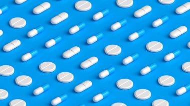 Mavi arka planda mavi kapsüller, tabletler ve haplar var. Uyuşturucu, tablet, haplar düz görüş. 3d resimleme.