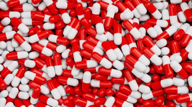 Kırmızı beyaz hapların arka planda üst görüntüsü. İlaçlar, haplar, haplar, ilaç konsepti. 3d resimleme.