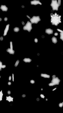 Beyaz kar taneleri yumuşak bir odak ile yavaşça düşüyor. Yeni yıl ya da doğum günü arkaplanı Döngüsü 3D animasyon. Dikey video.