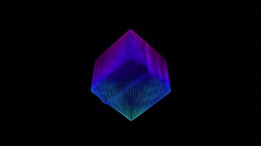 Soyut parçacık küpünde döngü şeklinde çarpıtma dalgaları. Kutu nokta dizisinin dijital veri sıçraması. Fütüristik hata UI ögesi.