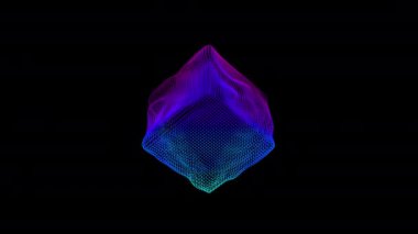 Soyut parçacık küpünde döngü şeklinde çarpıtma dalgaları. Kutu nokta dizisinin dijital veri sıçraması. Fütüristik hata UI ögesi.