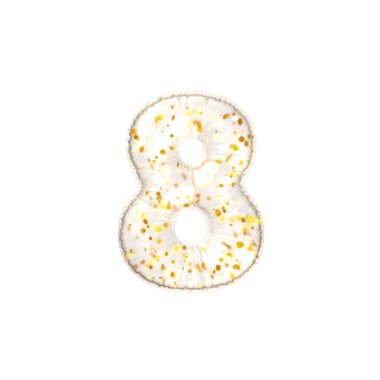 8 numaralı altın taneli şeffaf balon. 3d resimleme.