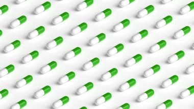 Beyaz arka planda bir sürü beyaz yeşil kapsül, tablet ızgarası. Uyuşturucu, tablet, haplar düz görüş. 3d resimleme.