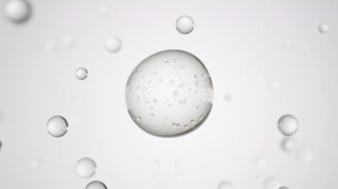 Beyaz arka planda köpüklü şeffaf bir sıvı damlası. Deri bakımı serum damlası. Kozmetik nemlendirici sıvı konsepti. 3d canlandırma döngüsü.