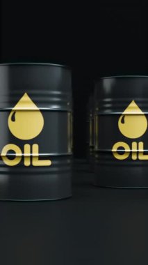 Kara yağ ya da petrol varilleri yavaşça sağa sola hareket ediyor. Benzin ya da ham petrol konteynırları döngüsel 3D animasyon. Yakıt endüstrisi. Dikey video.