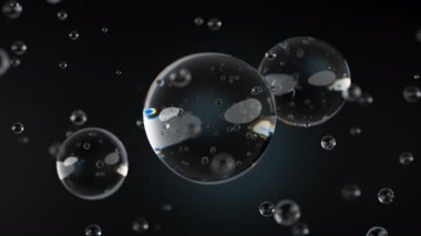 Üç damla şeffaf sıvının makro 'su siyah arka planda baloncuklarla birleştirilir. Deri bakım serumu damlacıkları bir araya geliyor. Kozmetik nemlendirici sıvı konsepti.