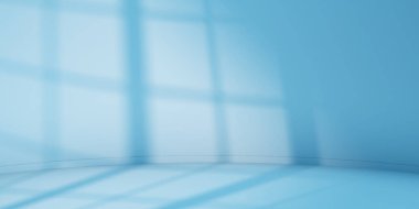 Mavi minimalist eğimli stüdyo ürün sunumu için. Pencere çerçevesi gölgeli boş bir oda. Kopya alanı olan 3D oda arkaplanı. 3d resimleme.