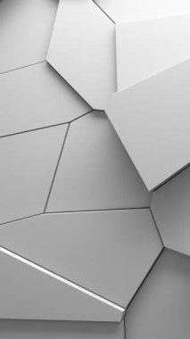 Voronoi bloklarının hareket eden ve yayılan soyut animasyonları. Minimum ışık temiz kurumsal arka plan. Üç boyutlu geometrik duvar döngü hareketi. Çokgen elementler yer değiştirme videosunu döndürüyor. Dikey video.