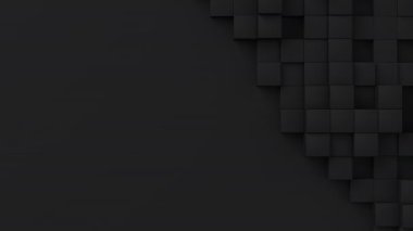 Rastgele boyutlarda siyah küpler hareket eder ve büyürler. Solda mesaj için bir yer. Soyut 3d canlandırma geometrik kavram arkaplanı.