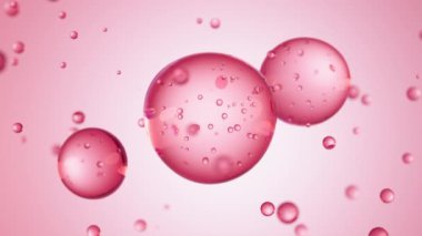 Üç damla kırmızı sıvı, içinde kabarcıklar olan bir sıvıya dönüşür. Deri bakım serumu damlacıkları bir araya geliyor. Kozmetik nemlendirici sıvı konsepti.