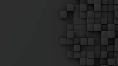 Siyah küplerin arka planda rastgele boyutları var. Solda mesaj için bir yer. Soyut 3d çizim geometrik konsept arkaplanı