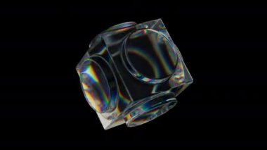 3d şeffaf, dağılım efektli parlak küp. Gökkuşağı renkleri yansıtma camı. 3d canlandırma döngüsü oluşturulabilir.