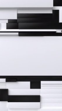 Siyah ve beyaz, dikdörtgen şeklinde hareket ediyor. Sallanan parçalanmış fayanslarla soyut arkaplan. Döngü animasyonu ve metin için yer ile üç boyutlu hareket tasarım deseni. Dikey video.