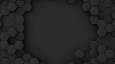 Siyah altıgenler, arka planda rastgele boyutlarda. Ortadaki delikte mesaj için bir yer. Soyut 3d çizim geometrik konsept arkaplanı