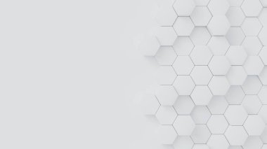 Beyaz arka planda rastgele boyutta beyaz altıgenler. Solda mesaj için bir yer. Soyut 3d çizim geometrik konsept arkaplanı