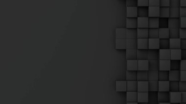 Siyah küplerin arka planda rastgele boyutları var. Solda mesaj için bir yer. Soyut 3d çizim geometrik konsept arkaplanı